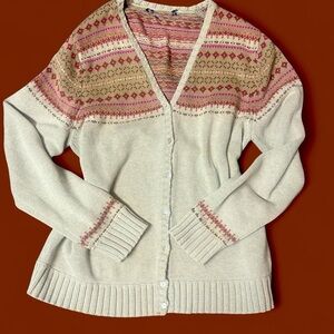 Cream Fair Isle V-Neck Button Cardigan Sweater - Land’s End
